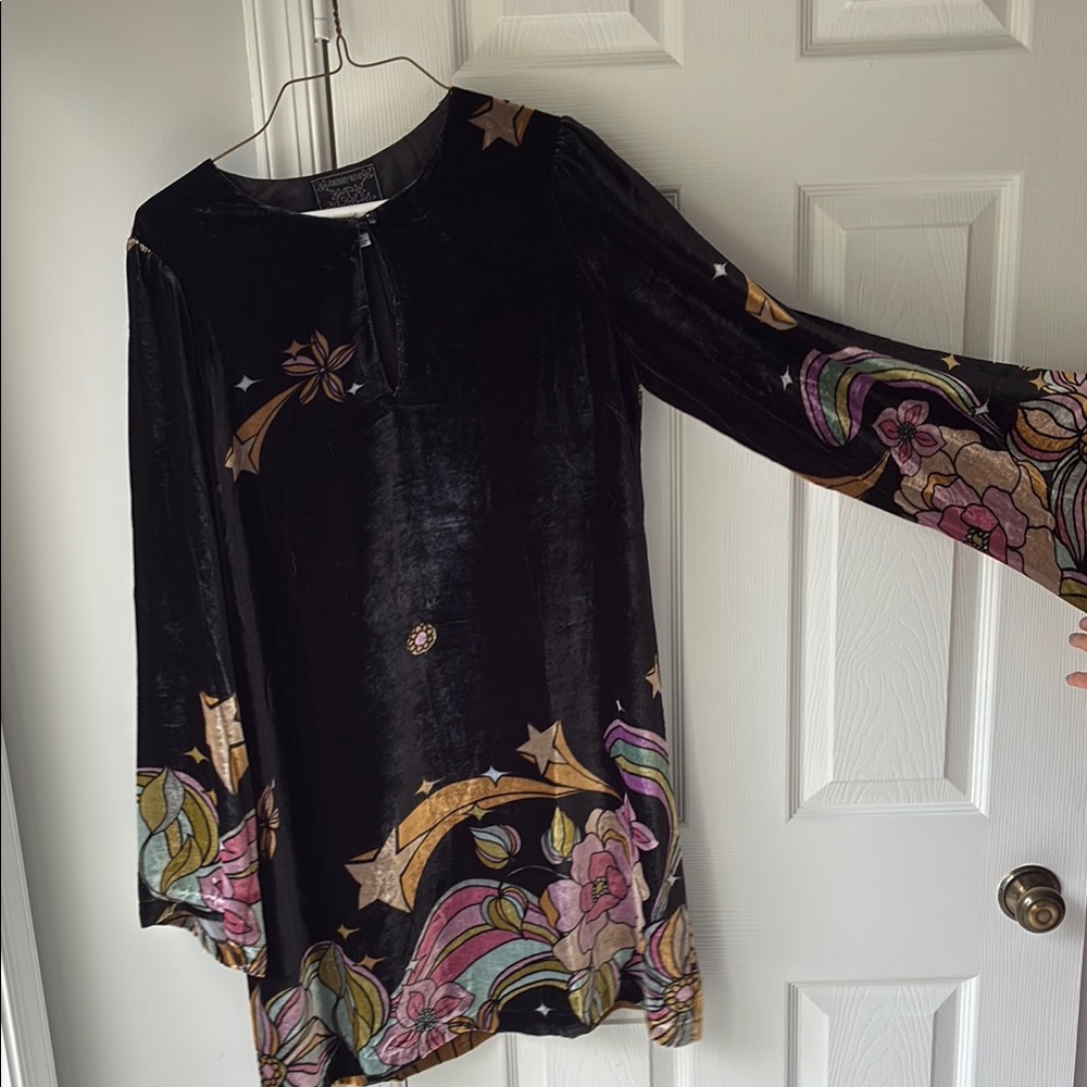 Johnny Was Black Velvet Dress with Floral Embroidery